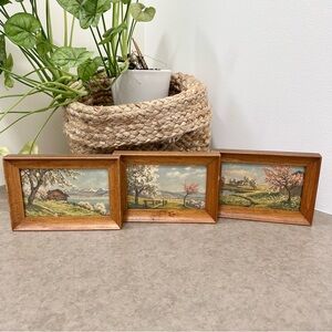 Set 3 Vintage Framed Landscape Prints Hand Painted Pictures Wall Decor MCM